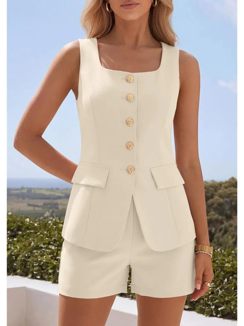 Womens 2 Piece Matching Sets 2026 Fashion Suit Vest Tops Shorts Set Spring Busin